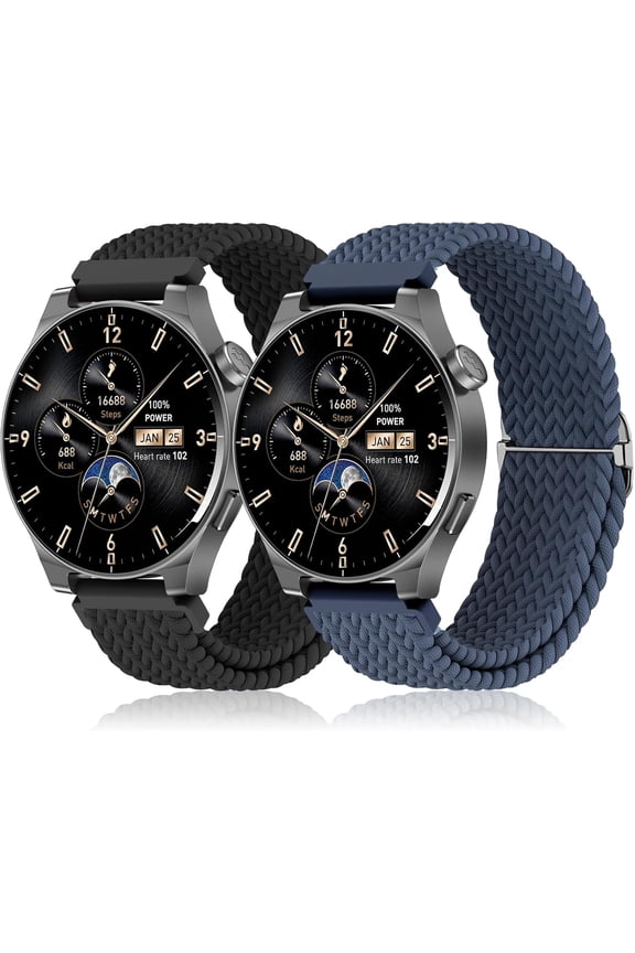-2 Pack Braided Stretchy Nylon Watch Band Compatible with Tozo S5/S3/S6 Smartwatch,Sport Elastic Fabric Breathable Adjustable Quick Release Strap for CMF Watch 3 Pro/Pro/Pro 2 Women Men