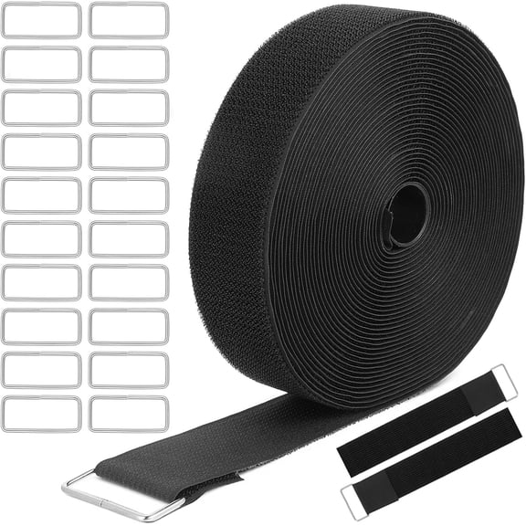 BDKWID-2" x40 ft Reusable Cinch Strap with 20 Metal Buckles, Hook and Loop Securing Strap Cable Ties for Cable Tidy, Wire Management, Cord Organiser, Black