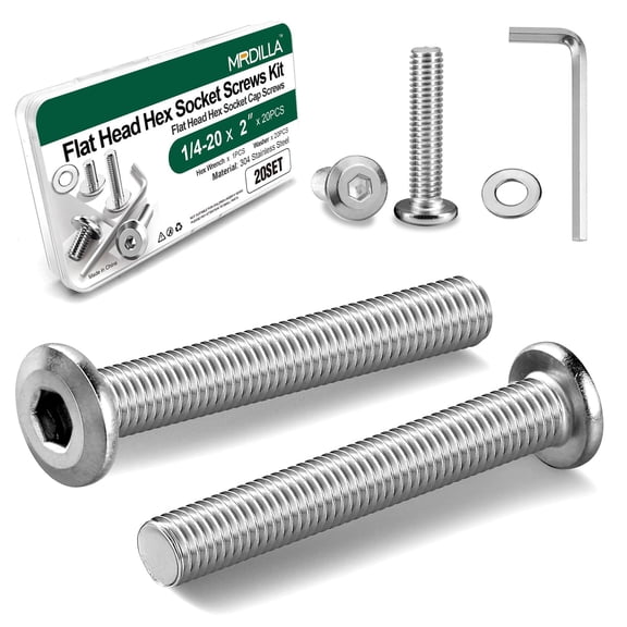 BDKWID-20 Pcs 1/4-20 x 2 Flat Head Socket Cap Screws, Fully Threaded Furniture Connector Bolts, 304 Stainless Steel
