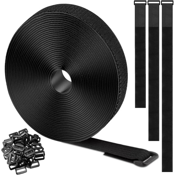 BDKWID-20Ft x 1" Adjustable Cable Straps with 30 Buckles, Hook and Loop Straps, Reusable Nylon Cable Ties for Cord Organiser, Organizer, Cable Tidy, Free Cut Length, Black