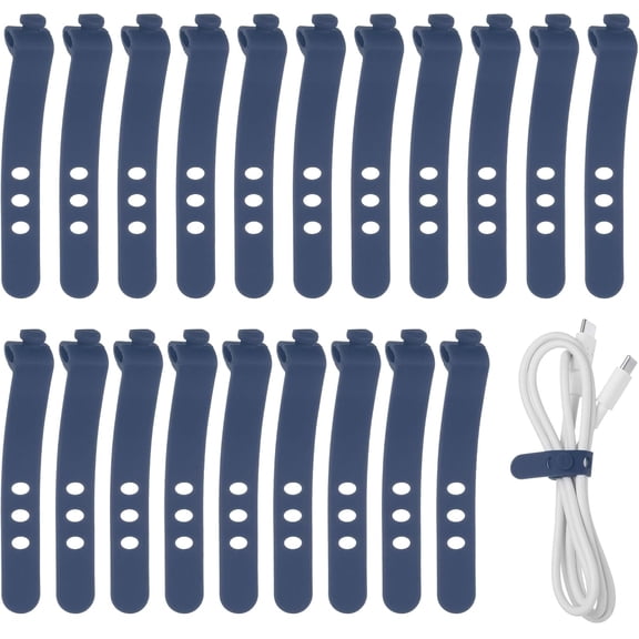 BDKWID-20Pcs Silicone Cable Ties, 3 Hole Reusable Rubber Cord Tie Adjustable Elastic Cord Wraps with Locking Buckle, Multi Purpose Cable Strap for Home Office Travel Wires, Navy