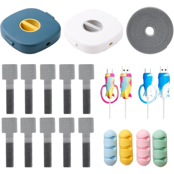 BDKWID-21 PCS Cable Management Kit, 10 Adjustable Cord Straps, Hook Loop Cords Management Tape, 4 Cable Clips, 2 Retractable Cord winder for Headphone Mouse Wire, 2 Cable Protector