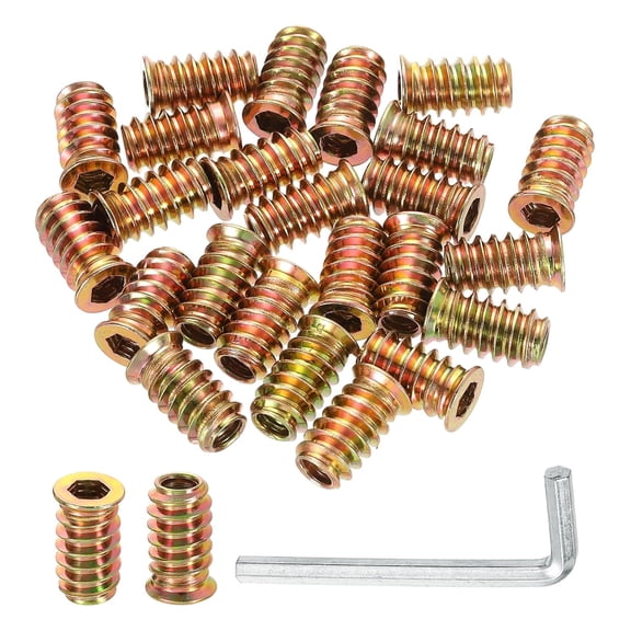 BDKWID-25 Pcs Threaded Insert for Wood, 1/4" - 20 Carbon Steel Threaded Studs Hex Socket Drive Nut Inserts Screw in Nut Fastener Connector with Hex Wrench 20mm Length for Home, Gold