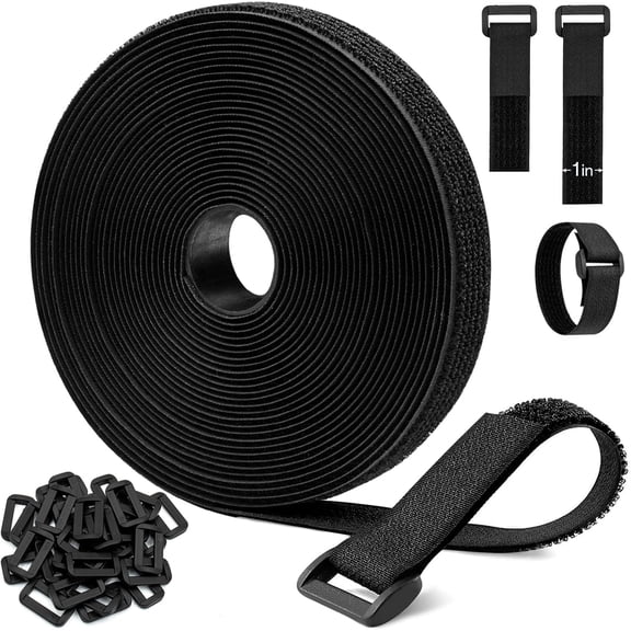 BDKWID-26ft Cut-to-Length Cable Straps 1in Wide with 20pcs Plastic Buckles, Adjustable Cinch Strap Free Cutting, Reusable Hook and Loop Straps for Fastening Cable Ties, Cord Straps, Wire Management