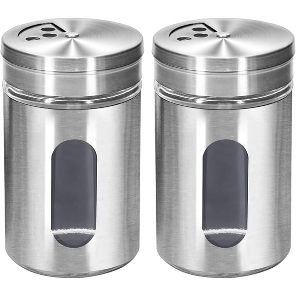 BDKWID-2Pcs 3oz Flour Shaker Container with Adjustable Lid, Small Dredge Shaker, Spice Shakers with Holes, Stainless Steel and Glass Set Salt and Spice Shaker for Kitchen (2, stainless steel)