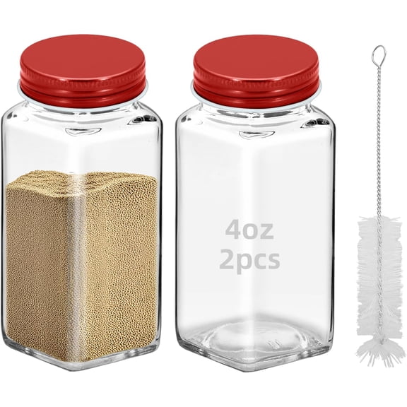 BDKWID-2Pcs 4oz Glass Spice Jars with Shaker Lids, Spice Jars Trial Set & Supplement Set, Empty Spice Containers and Square Spice Bottles for Kitchen (Red iron Lids)