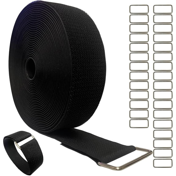 BDKWID-2inx32ft Hook and Loop Cable Straps with 25 Metal Buckles, Adjustable Fastening Straps, Reusable Free Cut Length Cord Straps