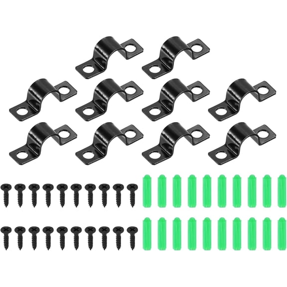 BDKWID-3/8 Inch U-Shaped Pipe Clamp, 25Pcs U Tube Strap Tension Clips Carbon Steel Double Hole Strap Clamp with Screws and Rubber Plug for Pipe Tube Cable Fixing (10mm, Black)