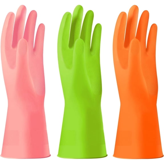 BDKWID-3 Colors Rubber Dishwashing Gloves Without Liner, Reusable Cleaning Gloves Latex Free, Waterproof Household Cleaning Gloves for Laundry, Gardening(Large)