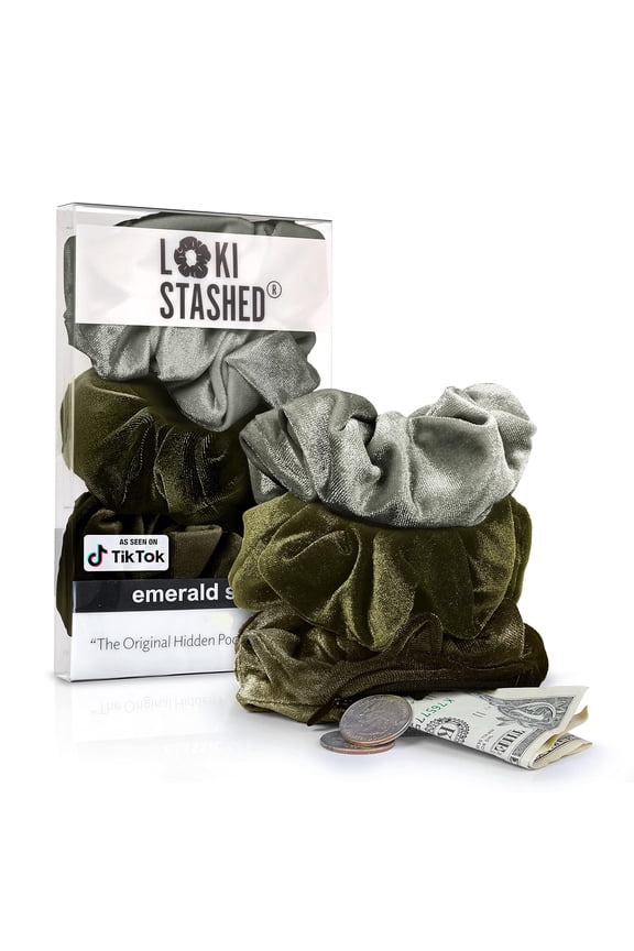 -3-PACK Velvet Hair Tie Scrunchies for VSCO Girls & Women, THE ORIGINAL HIDDEN POCKET SCRUNCHIE with Zipper Pocket Storage, Accessories, Small Items, Keys, Money - Emerald Set