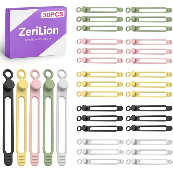 BDKWID-30 Pack Silicone Cable Ties - Reusable & Flexible Cord Wraps for Organizing Wires, Desk Cords & USB Cables (5 Assorted Colors)