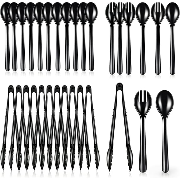 BDKWID-30 Pcs Disposable Black Plastic Serving Utensils,10 Set Including 7" Plastic Serving Spoons, Forks and 10.8" Tongs, for Dinner Parties, Buffets,Banquets, Events and Daily Use