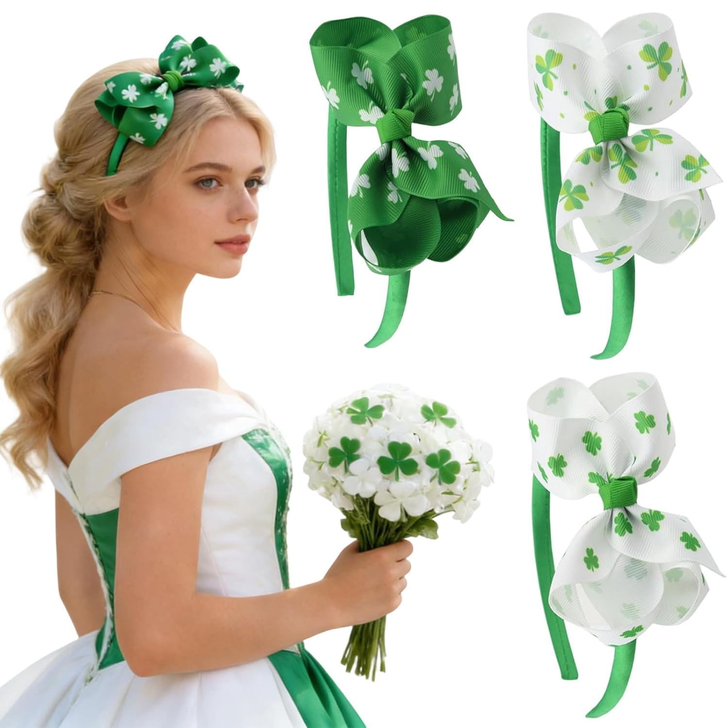 BDKWID-3PCS St Patrick's Day Green White Headbands for Women Girls ...
