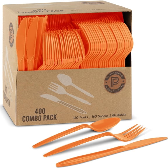 BDKWID-400 Pack Disposable Plastic Utensils Assorted Colored Cutlery Combo Set Forks Spoons Knives Silverware, Orange Plastic Cutlery for Parties