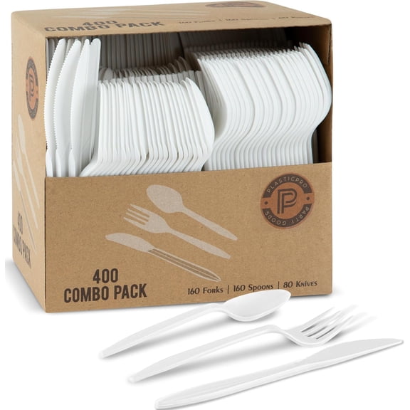 BDKWID-400 Pack Disposable Plastic Utensils Assorted Colored Cutlery Combo Set Forks Spoons Knives Silverware, White Plastic Cutlery for Parties