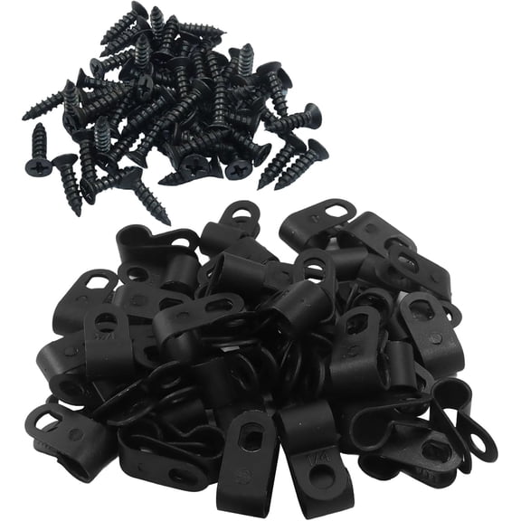 BDKWID-50 Pack 1/4 Inch R-Type Cable Clip, Nylon Wire Clamp Screw Mounting Cord Fastener Clips with 50 Pack Screws for Wire Management (Black)