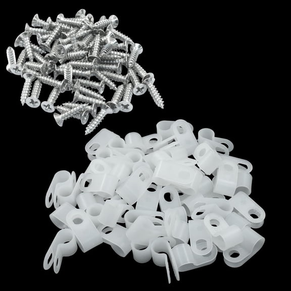 BDKWID-50 Pack 1/4 Inch R-Type Cable Clip, Nylon Wire Clamp Screw Mounting Cord Fastener Clips with 50 Pack Screws for Wire Management (White)