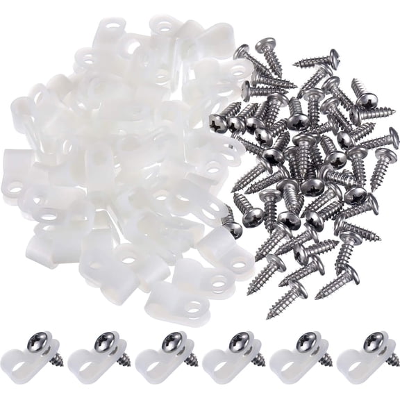 BDKWID-50 Pack R-Type Cable Clip Wire Clamp, Nylon Screw Mounting Cord Fastener Clips with 50 Pack Screws for Wire Management (White,1/4 Inch)