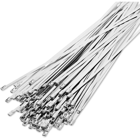 BDKWID-50 Pcs Self-Locking Metal Cable Ties, 12 Inch Heavy Duty 304 Stainless Steel Flat Wire with 300 Lbs Tensile Strength, Heat Resistant for Outdoor, Industrial, Automotive, Farm and Pipes Binding