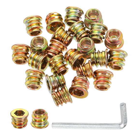 BDKWID-50 Pcs Threaded Insert for Wood, 1/4" - 20 Carbon Steel Threaded Studs Hex Socket Drive Nut Inserts Screw in Nut Fastener Connector with Hex Wrench 10mm Length for Home, Gold