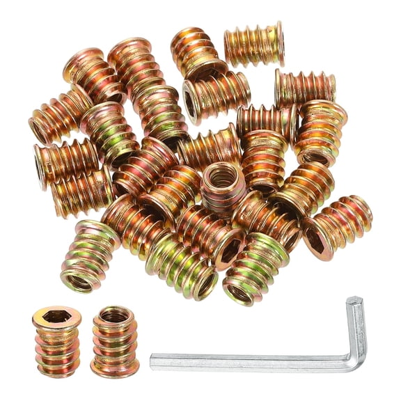 BDKWID-50 Pcs Threaded Insert for Wood, 1/4" - 20 Carbon Steel Threaded Studs Hex Socket Drive Nut Inserts Screw in Nut Fastener Connector with Hex Wrench 15mm Length for Home, Gold