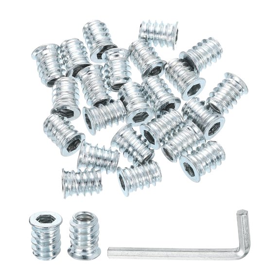 BDKWID-50 Pcs Threaded Insert for Wood, 1/4" - 20 Carbon Steel Threaded Studs Hex Socket Drive Nut Inserts Screw in Nut Fastener Connector with Hex Wrench 15mm Length for Home, Silver