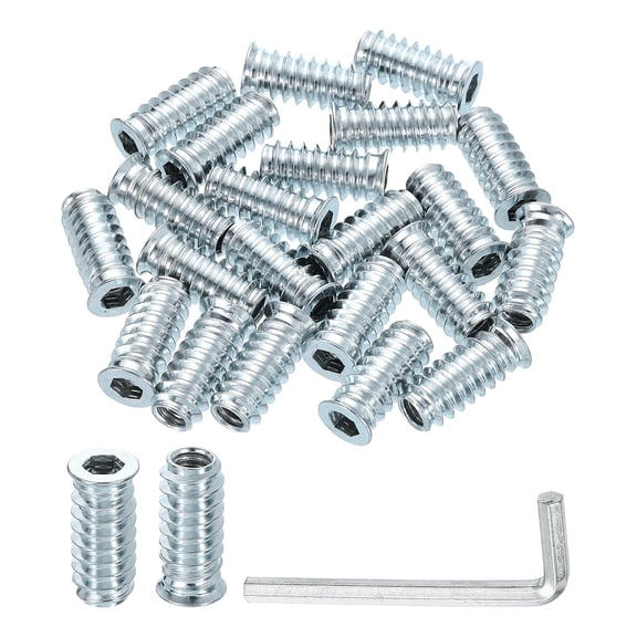 BDKWID-50 Pcs Threaded Insert for Wood, 1/4" - 20 Carbon Steel Threaded Studs Hex Socket Drive Nut Inserts Screw in Nut Fastener Connector with Hex Wrench 25mm Length for Home, Silver