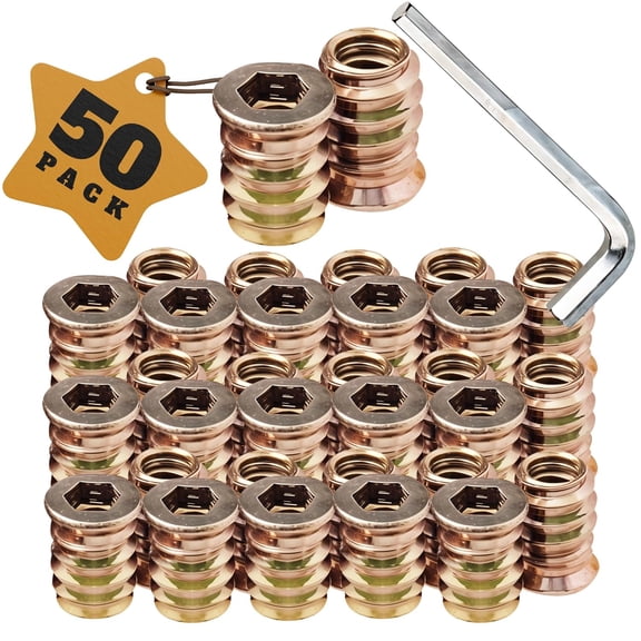 BDKWID-- 50 Pieces Threaded Wood Inserts, 1/4"-20 x 15mm Furniture Screws in Nut Threaded Inserts with Hex Socket, Zinc Plated - for Wooden Furnitures, Products, & Model, One Allen Wrench Included
