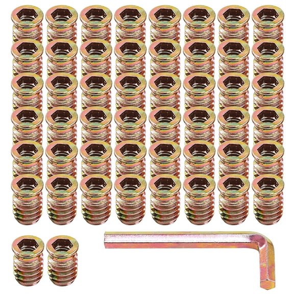 BDKWID-50Pcs 5/16"-18x20 Nut Inserts Assortment Kit with M8 Internal Hex Tool, Furniture Screw in Nut Threaded, Wood Inserts, Bolt Fastener Connector Hex Socket Drive for Wood Furniture