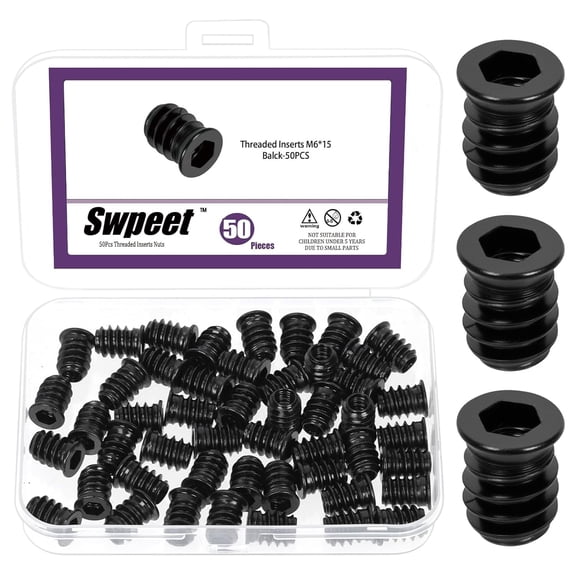 BDKWID-50Pcs M615 Zinc Plated Threaded Insert Nuts, Hex Drive Threaded Inserts, Internal Threads Fastener Connector, Wood Threaded Inserts for Wood Furniture Screw