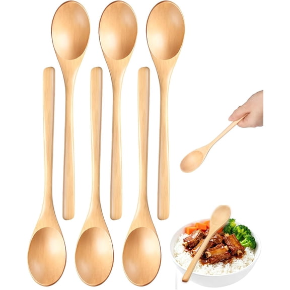 BDKWID-6 Pack Wooden Spoons for Eating Reusable Natural Wood Utensils for Dining Camping Kitchen Tableware Soup Salad Dessert Smooth Finish Rustic
