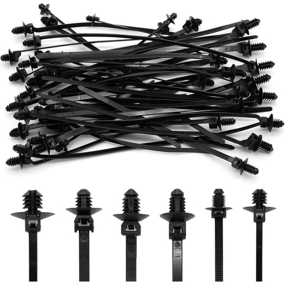 BDKWID-60 Pcs Push Mount Cable Ties Assorted Sizes, Black Nylon Push Mount Zip Ties Wire Harness Clips, 6-Types Snap in Zip Ties Self Locking Automotive Wire Ties for Wire Tying, Automotive