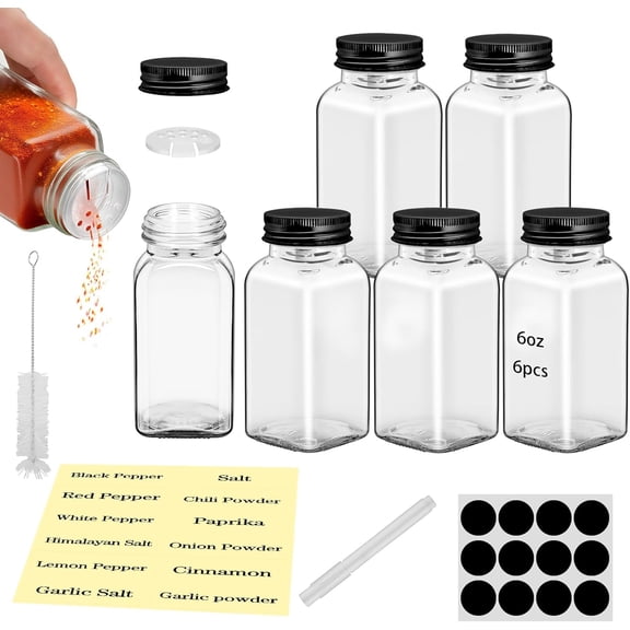 BDKWID-6Pcs 6 oz Square Glass Spice Jars with Label, Empty Spice Containers with Black iron Lids, Square Seasoning Containers and Supplement Set, Small Seasoning Bottles for Salt, Herbs, Sugar, Peppe