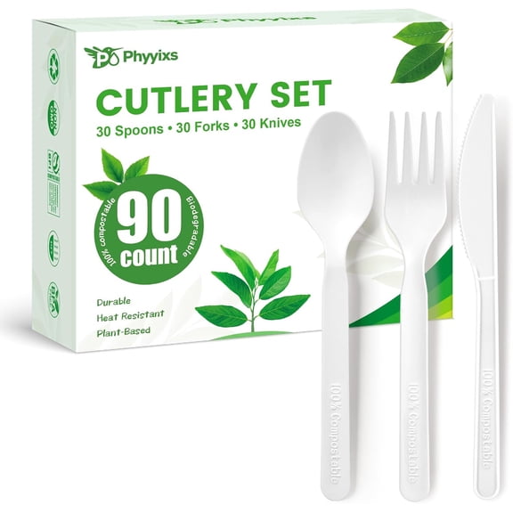 BDKWID-90 Count Disposable Compostable Cutlery Set BPA-Free Spoons, Forks & Knives for Parties, Events & Everyday Use