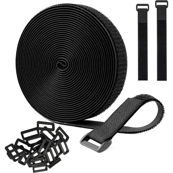 BDKWID-Adjustable Cable Straps with 24 Buckles 1" x 16Ft, Free Cut Length, Reusable Fastening Cable Ties, Hook and Loop Securing Strap for Cable Tidy, Wire Management, Cord Organiser, Black