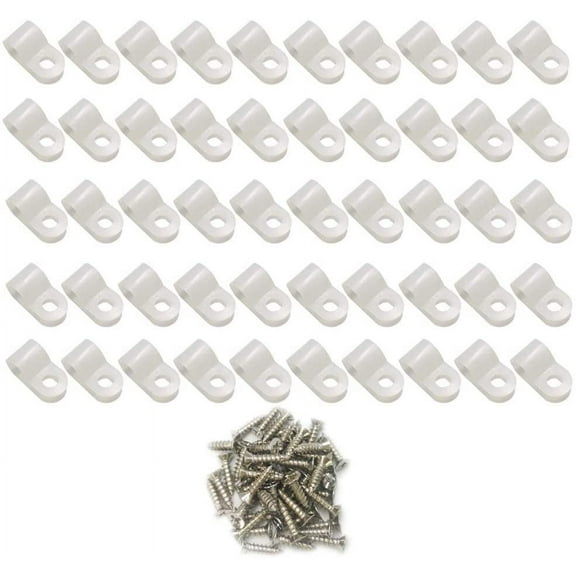 BDKWID-Cable Clamp R-Type Cable Clip Wire Clamp 1/4-inch Nylon Screw Mounting Cord Fastener Clips with Screws for Wire Management - White - 50 Pcs