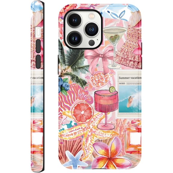 BDKWID-Case Compatible with for iPhone 13 Pro Max 6.7'',Beach Summer Drinks Collage Aesthetic Cute Protective Phone Case, Vintage Trendy Scratch Resistant Shockproof Cover Case for Girl Boy Women Men