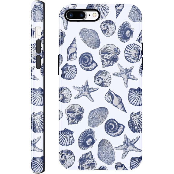 BDKWID-Case Compatible with iPhone 7 Plus 5.5'', Blue Summer Beach Sea Shell Phone Case Aesthetic Art Cute Cover, Scratch Resistant Hybrid 2-Layer Hard Shell for Girl Boy Women Men-LS02