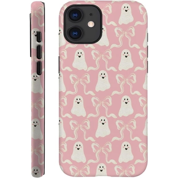 BDKWID-Case Compatible with iPhone 12 - Hybrid Durable Shockproof Phone Cover,Cases for Woman Girl - Halloween Ghost Pink Bow