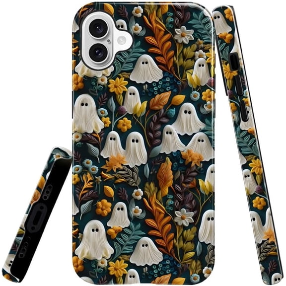 BDKWID-Case Compatible with iPhone 16,Scratch Resistant Hybrid 2-Layer Hard Shell Bright Phone Case,Spooky Ghosts Autumn Garden Halloween