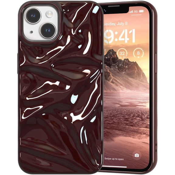 BDKWID-Case for iPhone 13/14 Glossy Water Ripple Phone Case, TPU Solid Colour Soft Shell Trendy Phone Cover Slim Fit Women Protective Cases for iPhone 13/14, Wine Red