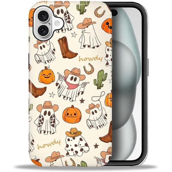 BDKWID-Case for iPhone 16, Hybrid Heavy Duty 2 in 1,PC Hard Shell & Silicone Inner Bumper, Anti-Scratch Full-Body Cover Shockproof Slim Design Case - Western Ghost Cowboy Halloween