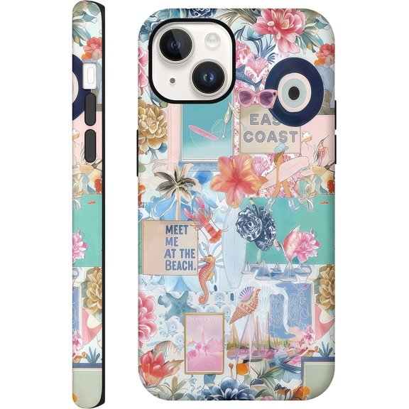 BDKWID-Cases for iPhone 13, Scratch Resistant Hybrid 2-Layer Shockproof Protection Glossy Case - Seashells Beach Summer Jellyfish Collage