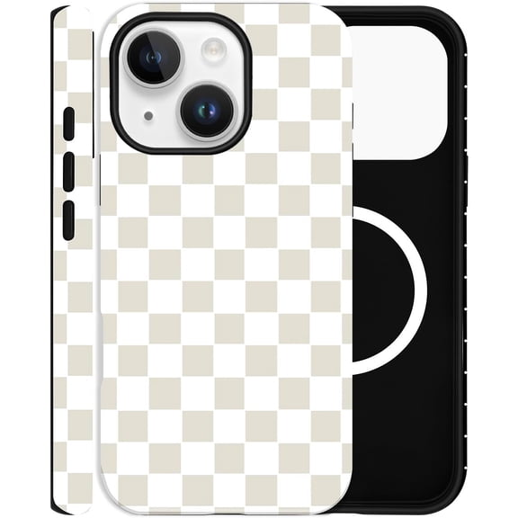 BDKWID-Checkered Phone Case for iPhone 15, Compatible with MagSafe, Aesthetic Checkerboard Cute Magnetic Design Hybrid 2-Layer Hard Shell Cover for Women, White