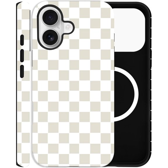 BDKWID-Checkered Phone Case for iPhone 16, Compatible with MagSafe, Aesthetic Checkerboard Cute Magnetic Design Hybrid 2-Layer Hard Shell Cover for Women, White