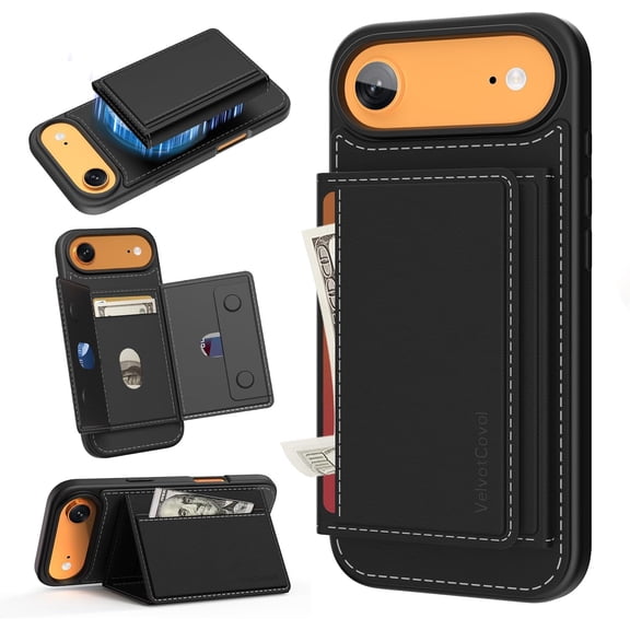 BDKWID-Compatible with Magsafe 2 in 1 Detachable iPhone Air Wallet Case with Card Holder, Women Men 3 Credit Card Slots Magnetic PU Leather RFID Blocking Flip Kickstand, for Apple 17 Air, Black