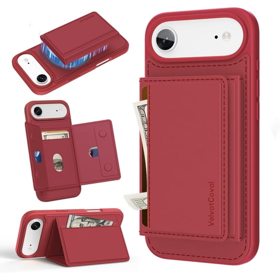 BDKWID-Compatible with Magsafe 2 in 1 Detachable iPhone Air Wallet Case with Card Holder, Women Men 3 Credit Card Slots Magnetic PU Leather RFID Blocking Flip Kickstand, for Apple 17 Air, Red