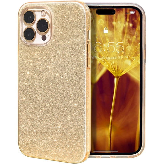 BDKWID-Compatible with iPhone 14 Pro Max Case (2022), Glitter Sparkly Shiny Bling Rubber Gel Shell Cases 3 Layers Shockproof Protective Bumper Cover for iPhone 14 Pro Max 6.7" 2022 - Gold