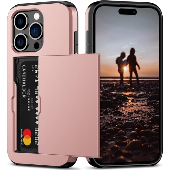 BDKWID-Compatible with iPhone 15 Pro Case with Card Holder Heavy Duty Protective Dual Layer Shockproof Hidden Card Slot Slim Wallet Phone Cover for Women&Men 6.1 inch(Rose Gold)