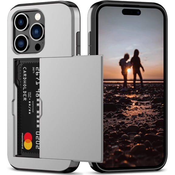 BDKWID-Compatible with iPhone 15 Pro Case with Card Holder Heavy Duty Protective Dual Layer Shockproof Hidden Card Slot Slim Wallet Phone Cover for Women&Men 6.1 inch(Gray)